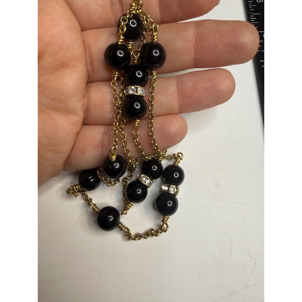 J.Crew Gold Tone Black Bead Rhinestone Station Long Necklace